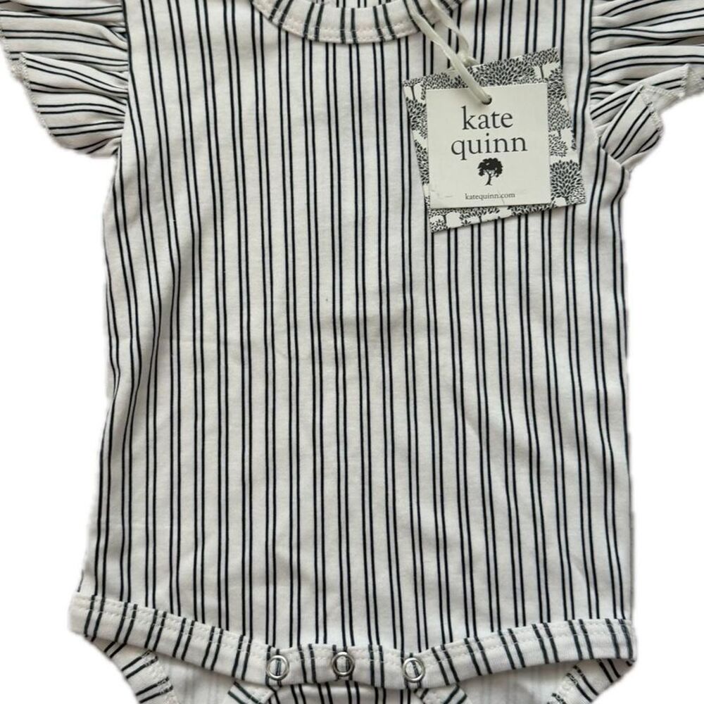 Kate Quinn NWT white & black striped bodysuit with ruffle sleeves, 3-6 months